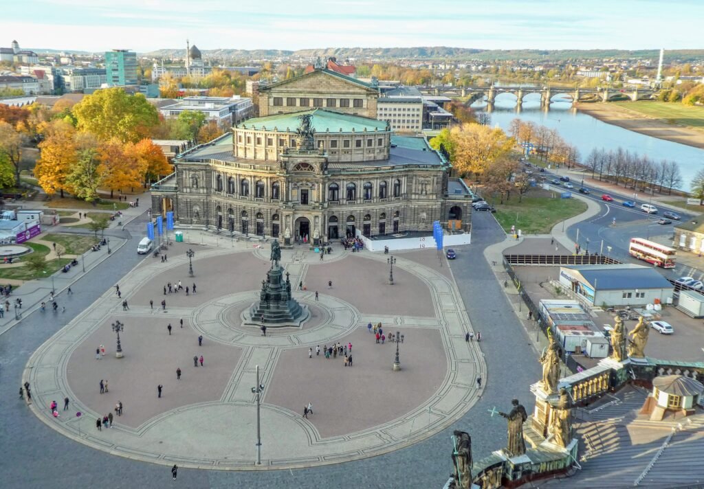Semperoper facing Theaterplatz in Dresden with the Elbe in the background