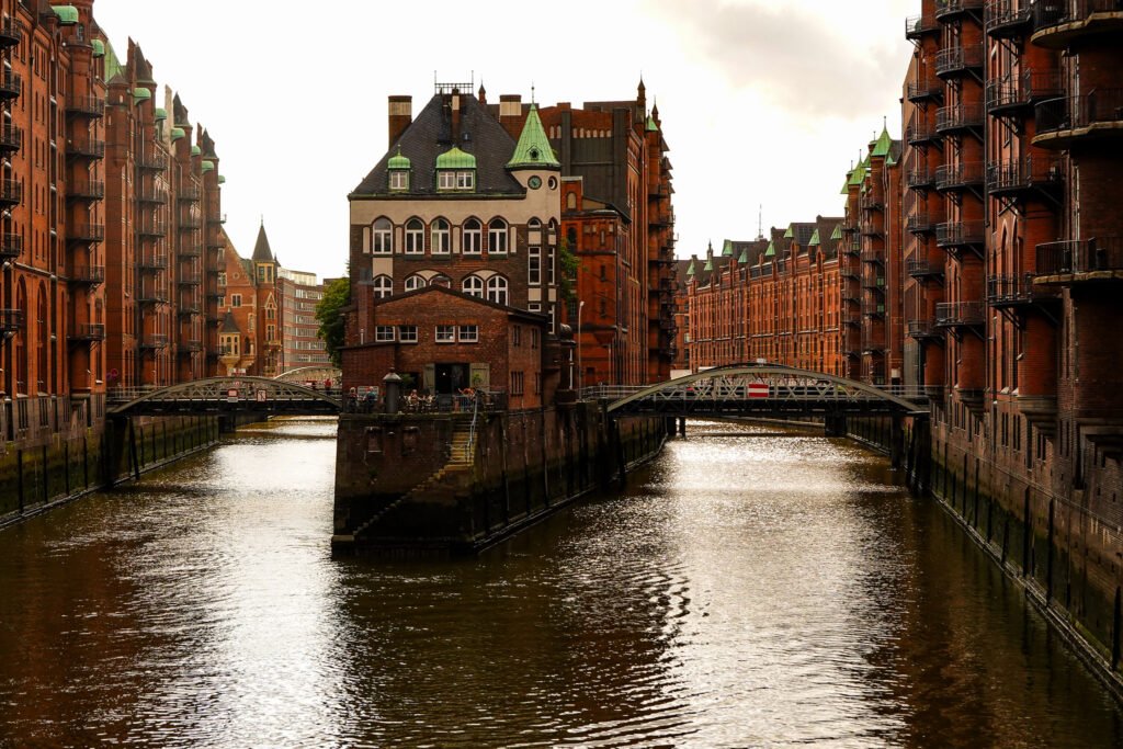 Red-brick Speicherstadt warehouses beside a canal in Hamburg
