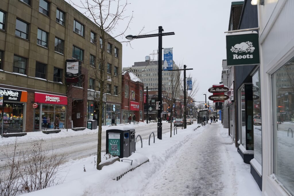Spring Garden Road sidewalks and storefronts in downtown Halifax