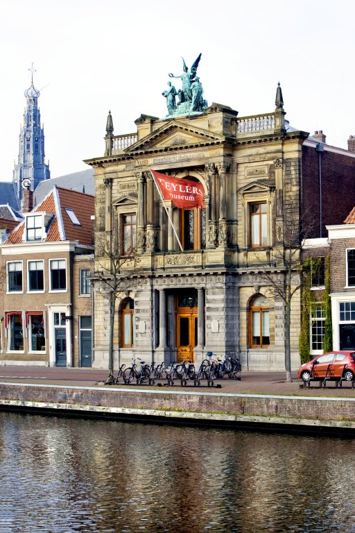 Historic facade of Teylers Museum beside the Spaarne in Haarlem