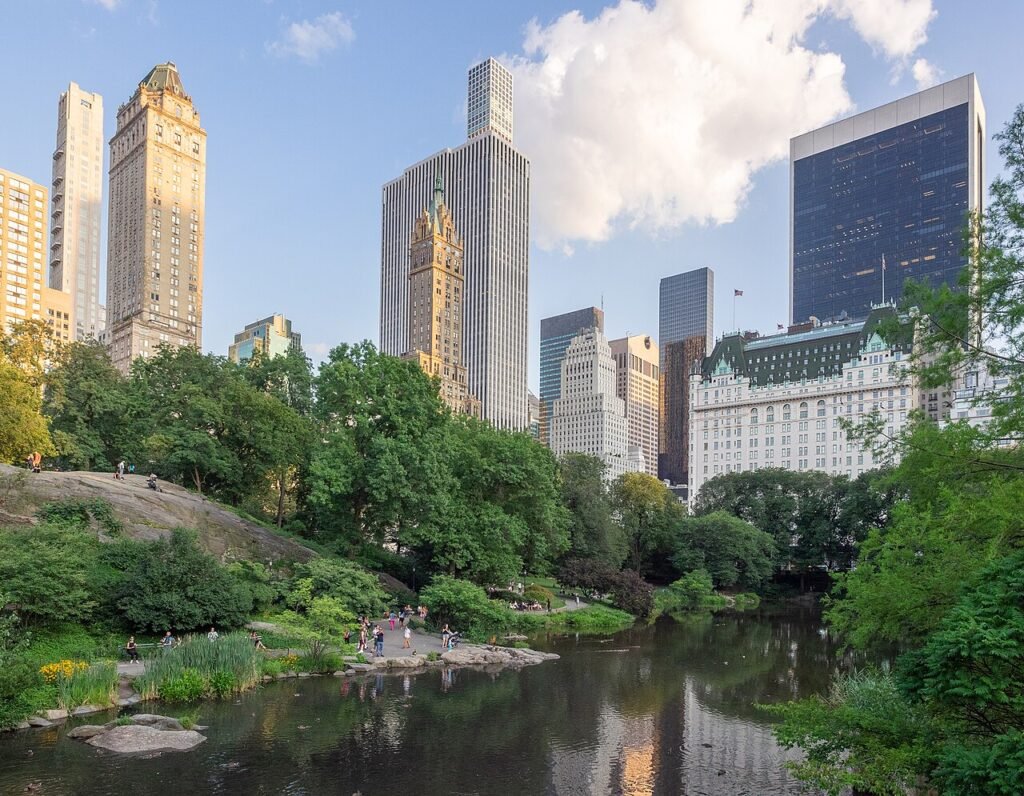 Central Park Pond with trees and Midtown Manhattan buildings in the background