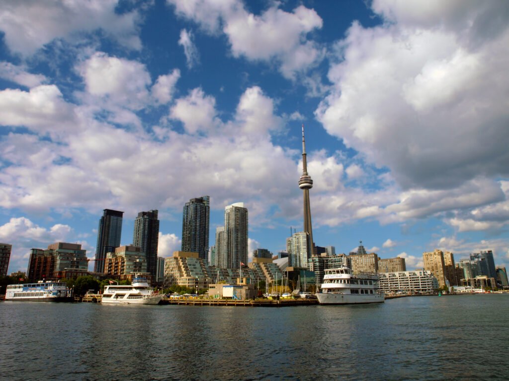 Toronto waterfront and CN Tower seen from Bathurst Quay