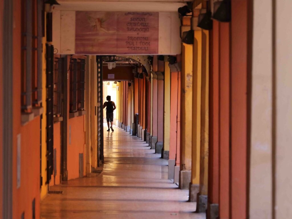 Covered portico walkway in Bologna