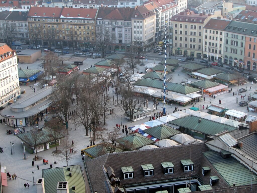 Viktualienmarkt market stalls in central Munich seen from above