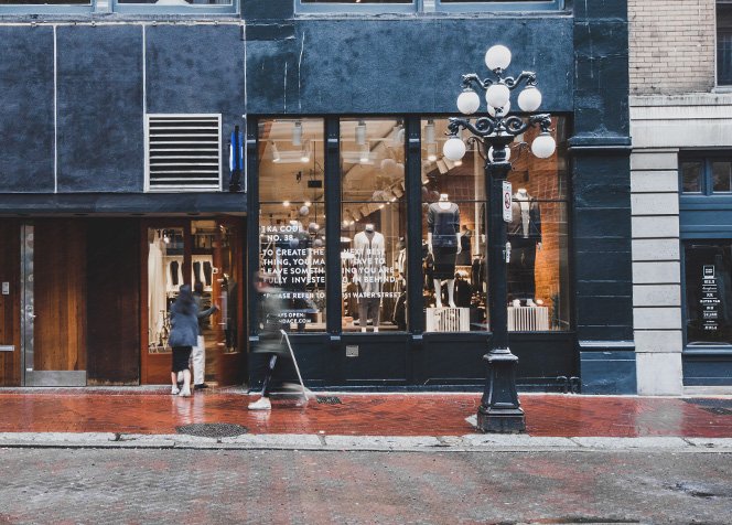 Water Street sidewalk and storefront in Gastown, Vancouver