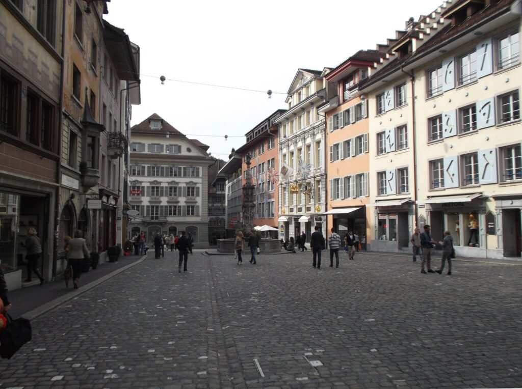 Weinmarkt square and historic buildings in Lucerne Old Town