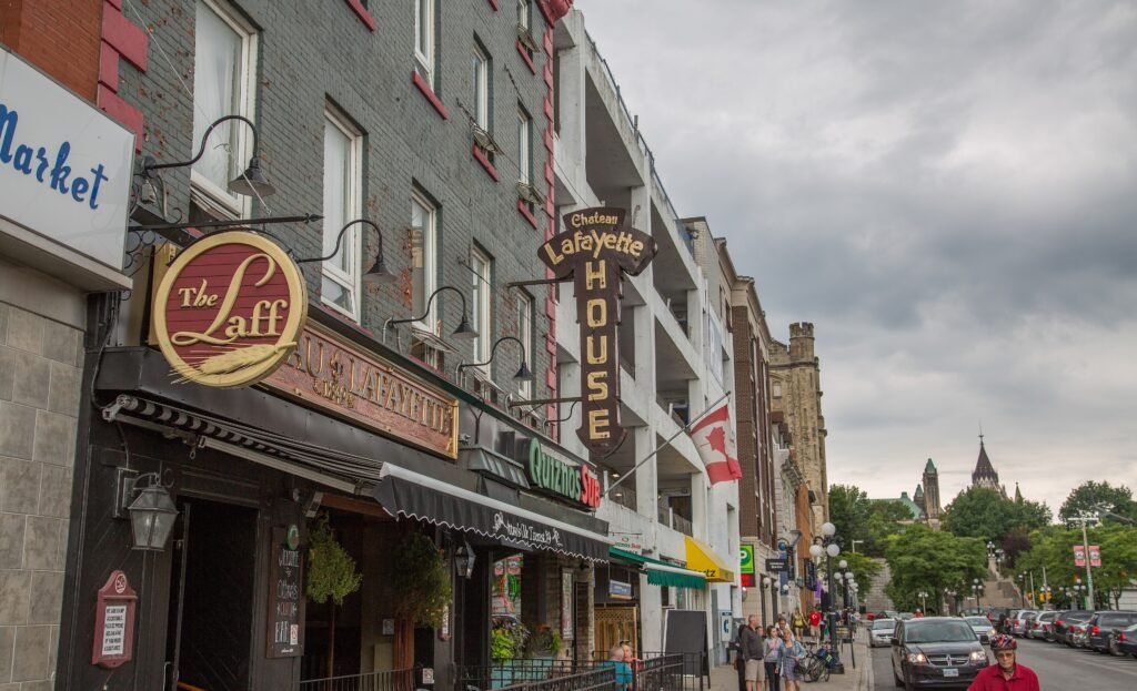 York Street in ByWard Market with shops, patios and people