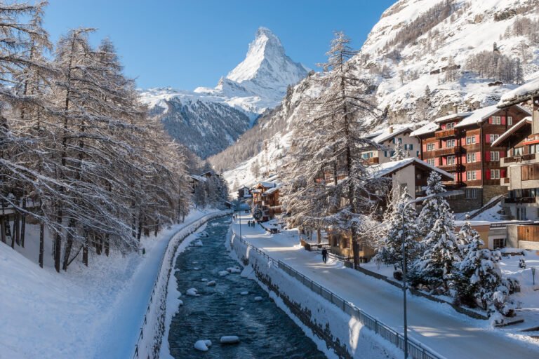 Zermatt village beside the Matter Vispa with the Matterhorn in the background