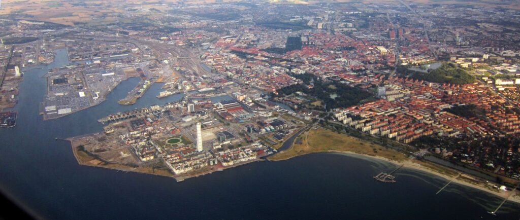 Aerial view of central Malmö, Västra Hamnen, Malmöhus and the coast