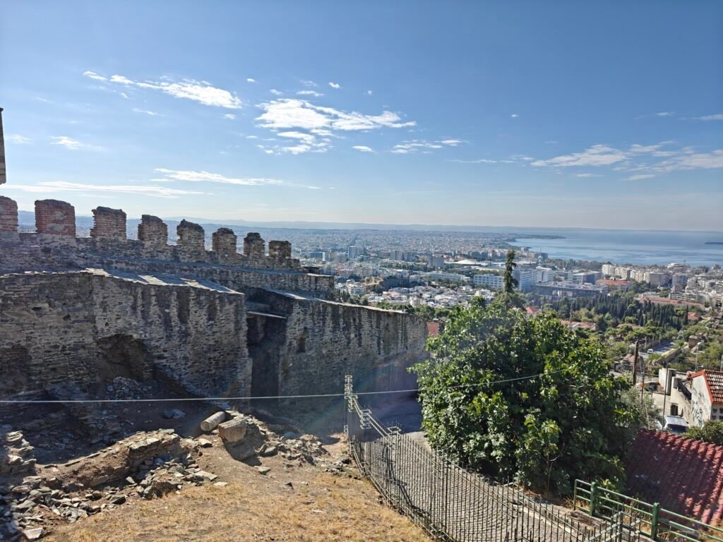 Walls in Thessaloniki Upper Town overlooking the lower city and Thermaic Gulf