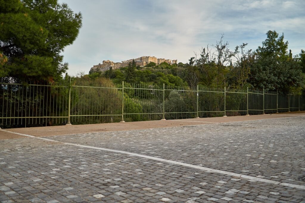 Apostolou Pavlou pedestrian street with the Acropolis in Athens