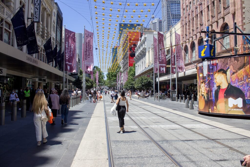 Bourke Street Mall with pedestrians and trams in central Melbourne