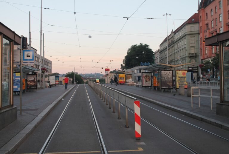 Tram tracks and platforms at Brno hlavní nádraží beside the city center