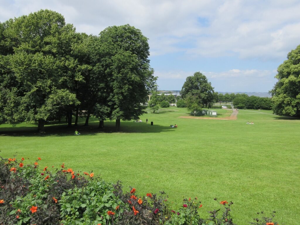 Byparken in Roskilde sloping down toward Roskilde Fjord