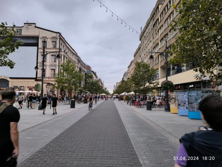 Pedestrians and a cyclist on central Piotrkowska Street in Łódź