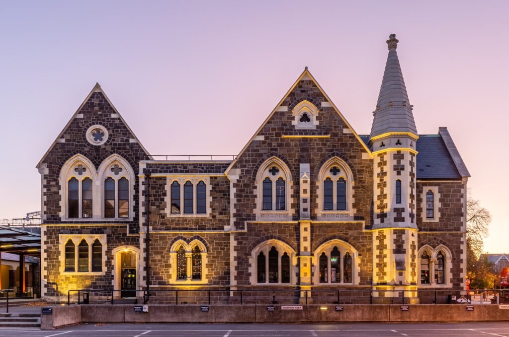 Stone Gothic Revival buildings of the Christchurch Arts Centre beside the central walking route