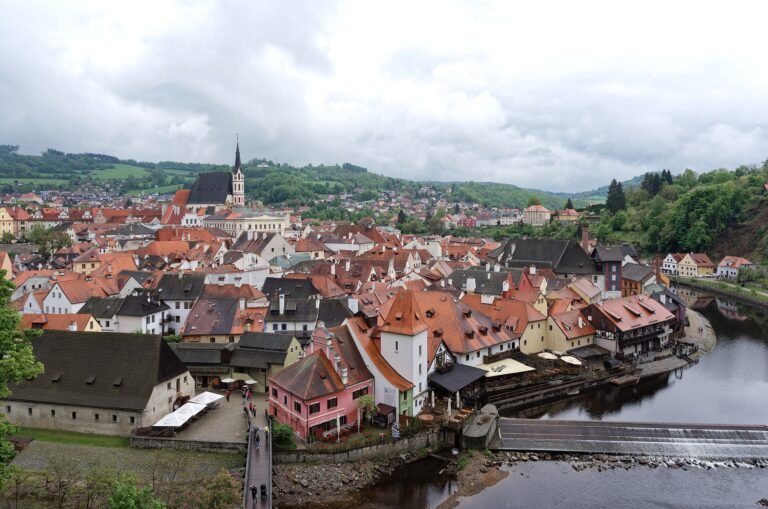 Compact historic center of Český Krumlov seen from the castle above the Vltava