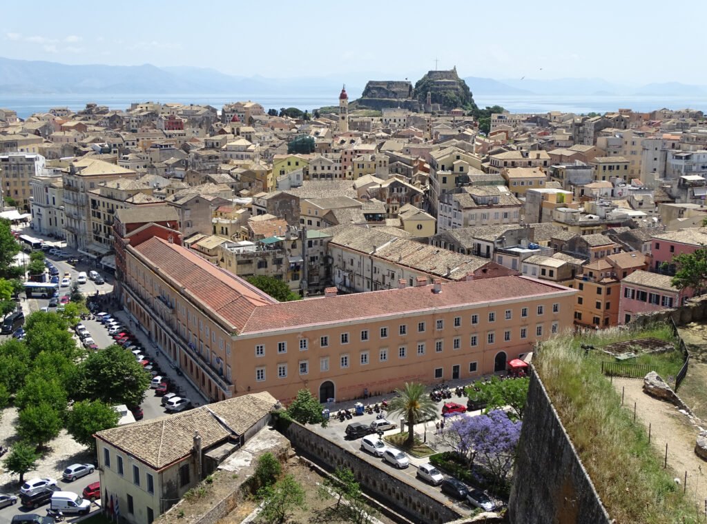 Dense Corfu Old Town between the New Fortress viewpoint and the Old Fortress