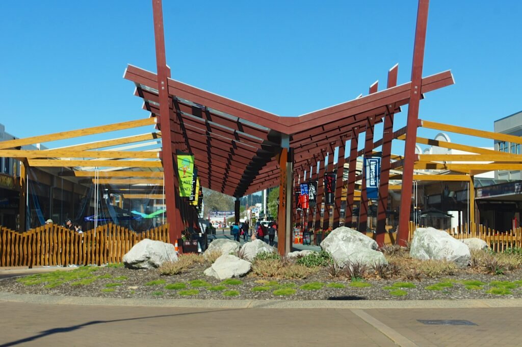 Covered pedestrian walkway through Eat Streat in central Rotorua