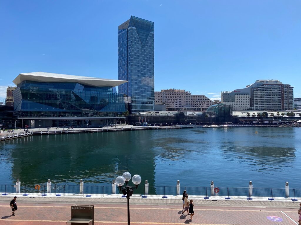 Pedestrians on the Darling Harbour waterfront promenade in central Sydney