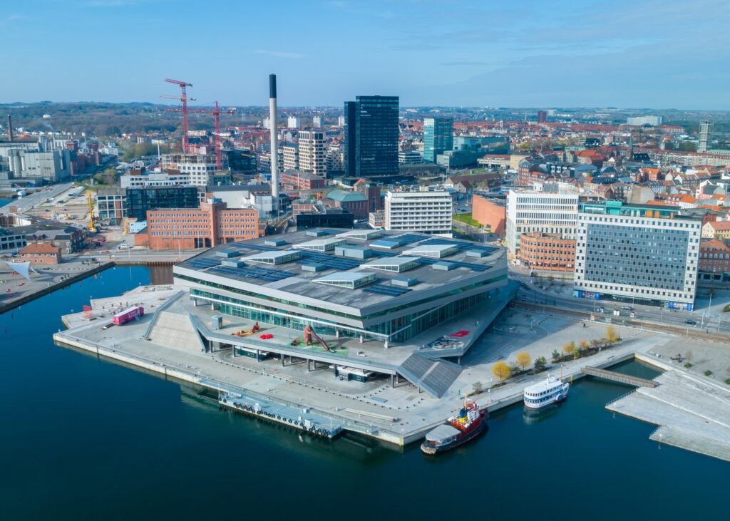 Aerial view of Dokk1, Aarhus harbor and the central city