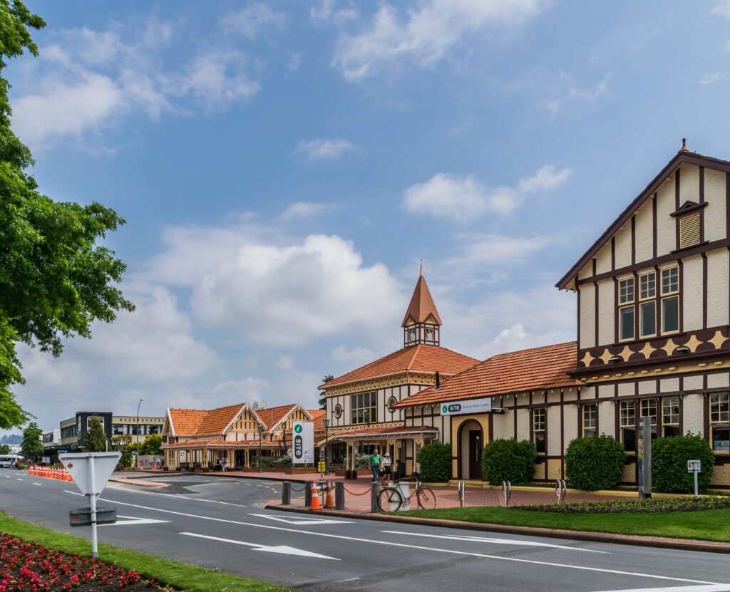 Fenton Street in central Rotorua with sidewalks, traffic and low-rise buildings