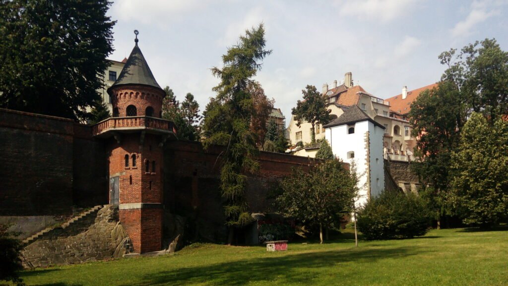 Historic fortification walls and steps beside Bezručovy sady in Olomouc