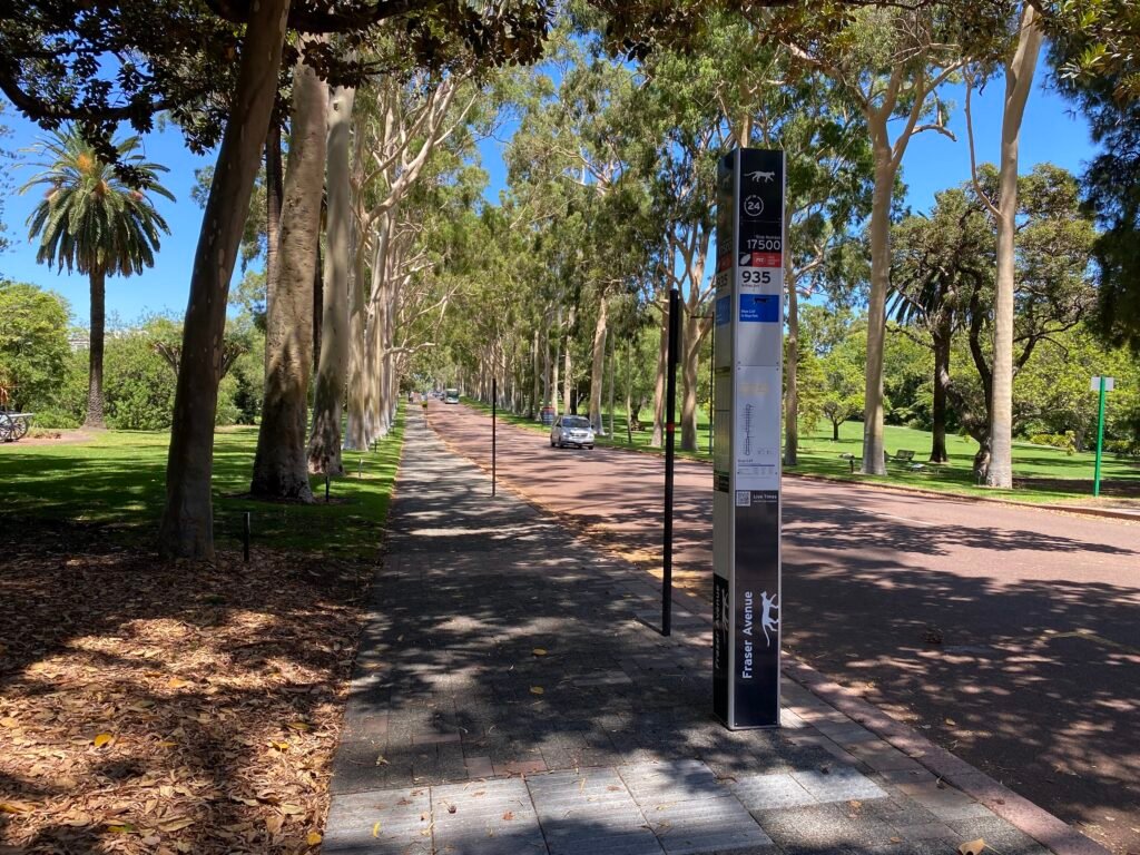 Footpath and bus stop along Fraser Avenue in Kings Park, Perth