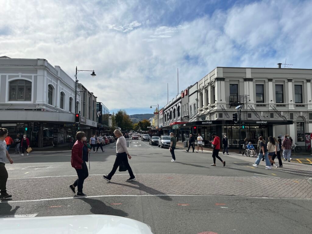 Pedestrians crossing George Street in central Dunedin