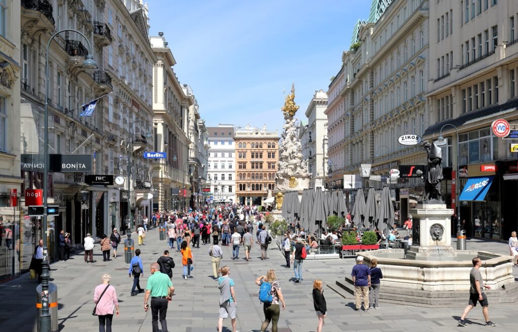 People walking through the Graben pedestrian zone in Vienna