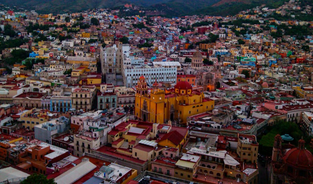 Guanajuato historic center packed into a steep valley at sunset
