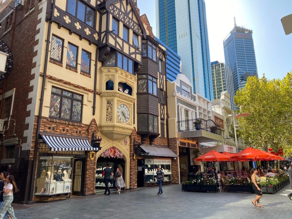 Pedestrians and cafes in Hay Street Mall in central Perth