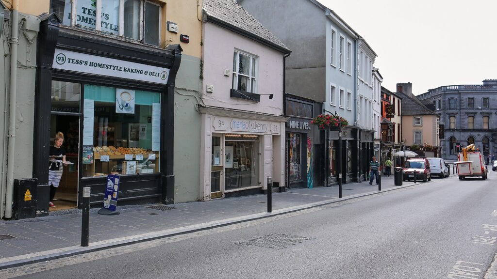 High Street shops, footways and roadway in central Kilkenny
