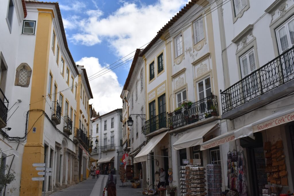 Narrow historic commercial street with pedestrians in central Évora