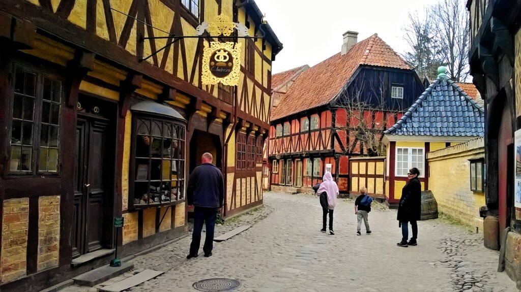 Cobbled historic street inside Den Gamle By in Aarhus