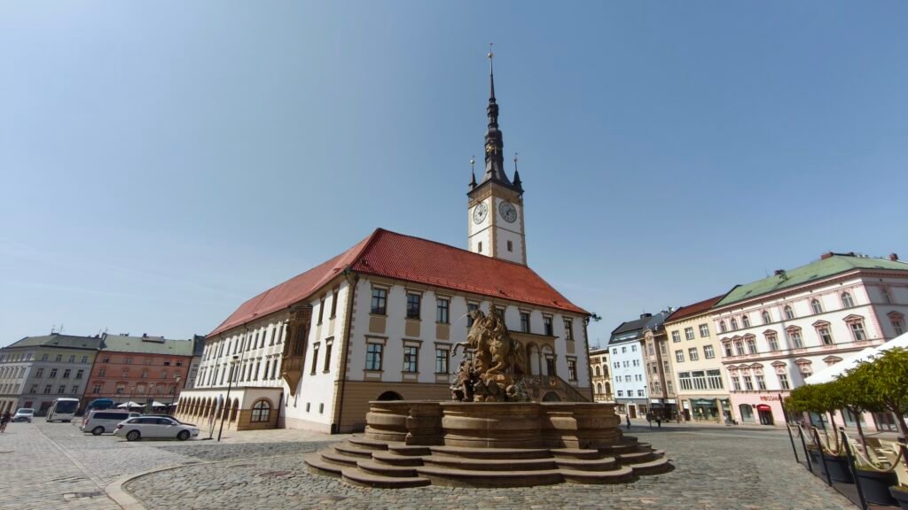 Horní náměstí in Olomouc with Town Hall, Caesar Fountain and stone-paved public space