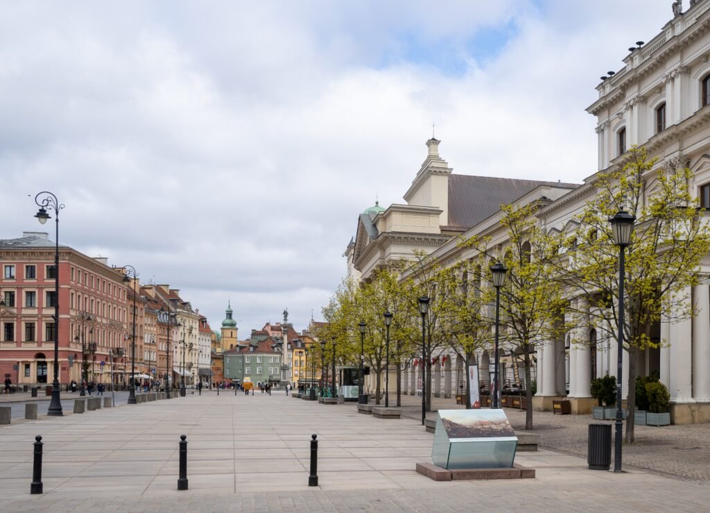 Wide pedestrian space on Krakowskie Przedmieście in central Warsaw