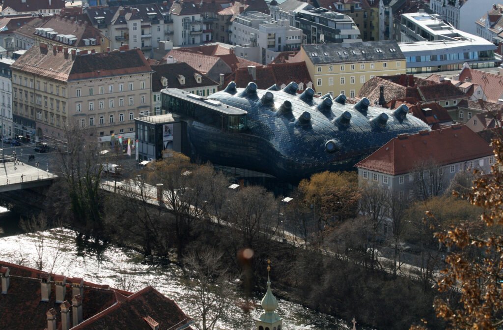 Kunsthaus Graz beside the Mur in central Graz
