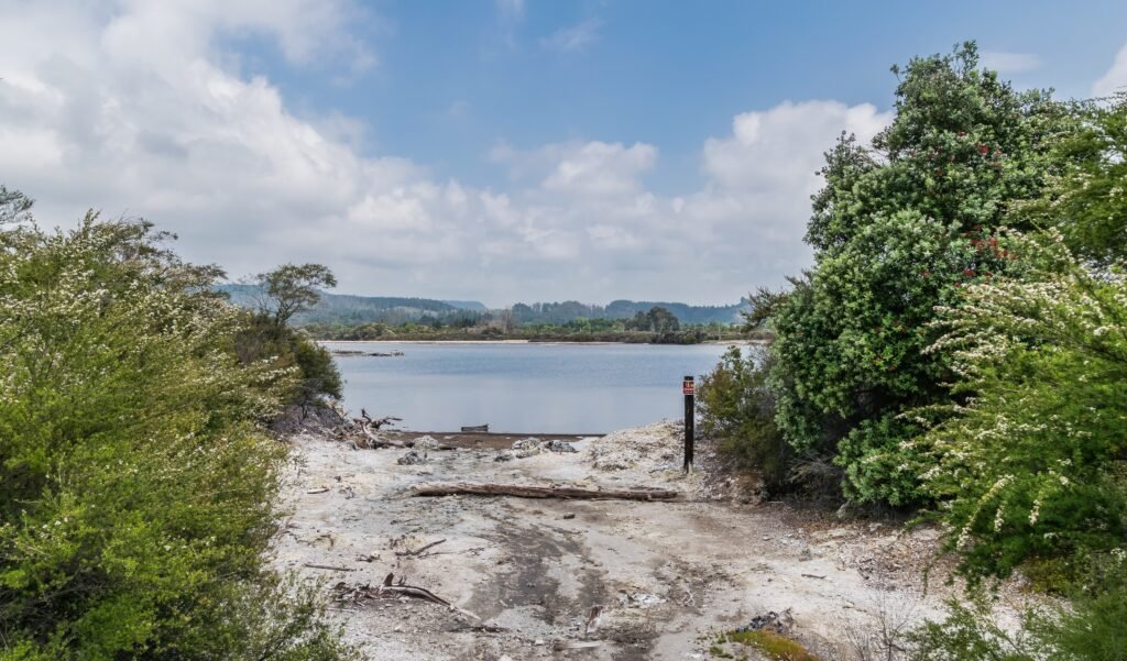 Lake Rotorua shoreline and geothermal ground near central Rotorua