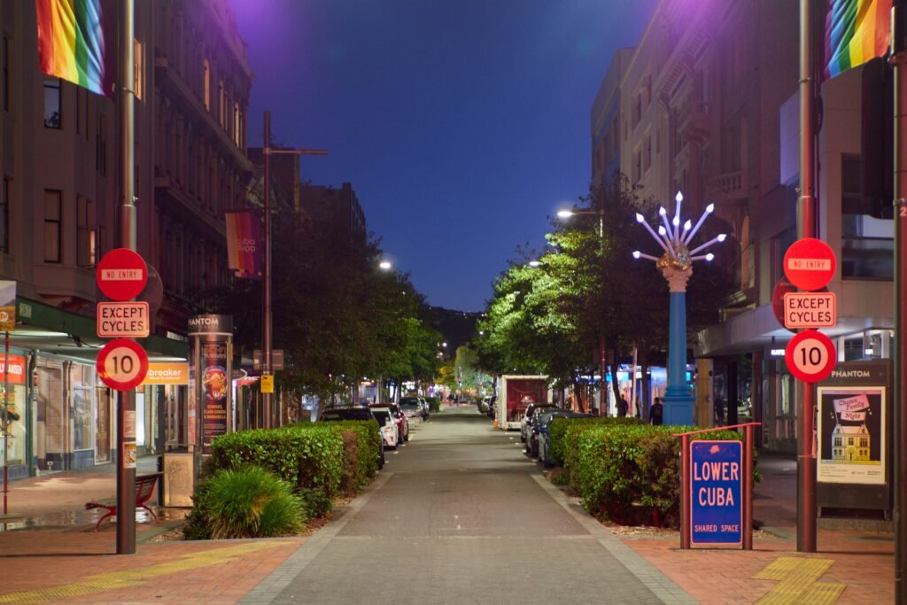 Lower Cuba Street pedestrian shared space in Wellington with the Bucket Fountain