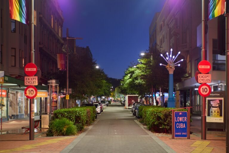 Lower Cuba Street pedestrian shared space in Wellington with the Bucket Fountain