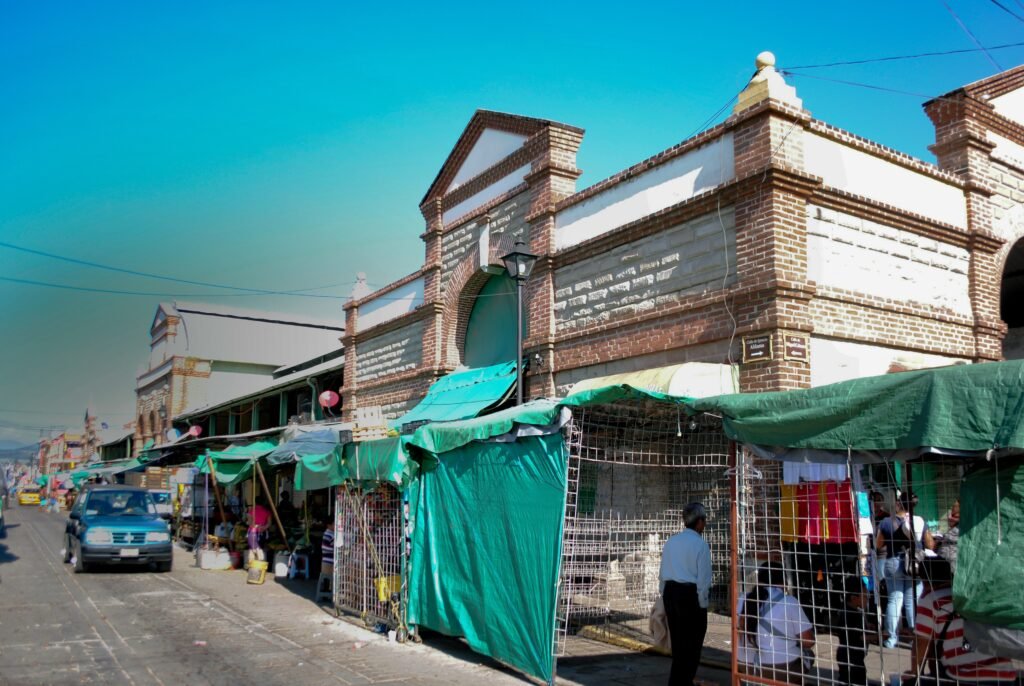 Mercado 20 de Noviembre facade, stalls and street activity in Oaxaca City