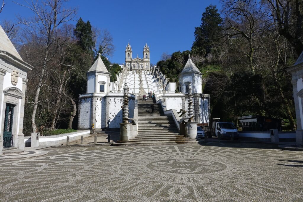 Stone staircases climbing through the Bom Jesus do Monte sanctuary in Braga