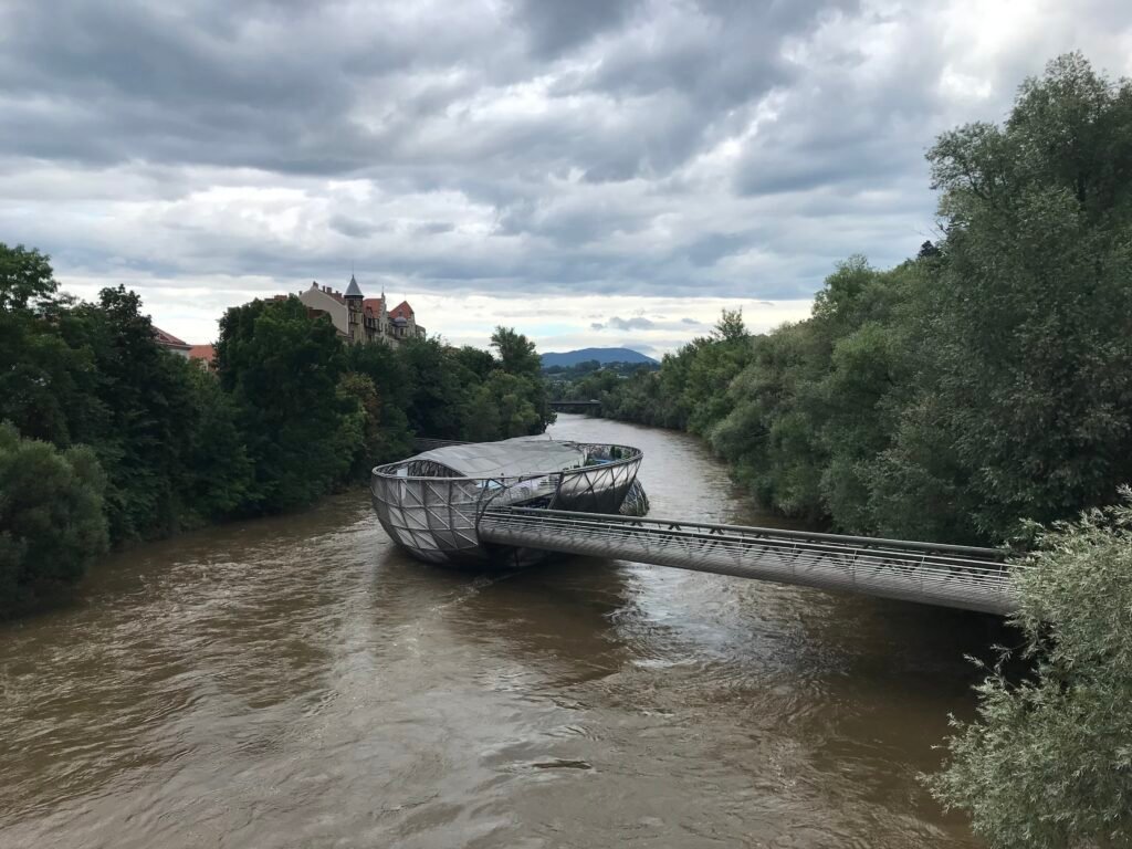 Murinsel pedestrian structure and bridges crossing the Mur in Graz