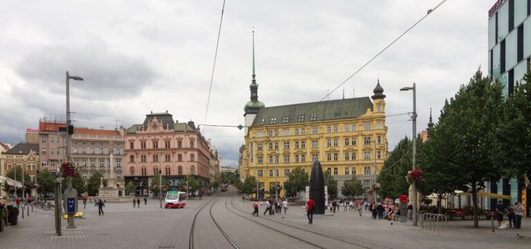 Pedestrians and tram tracks in Náměstí Svobody, Brno
