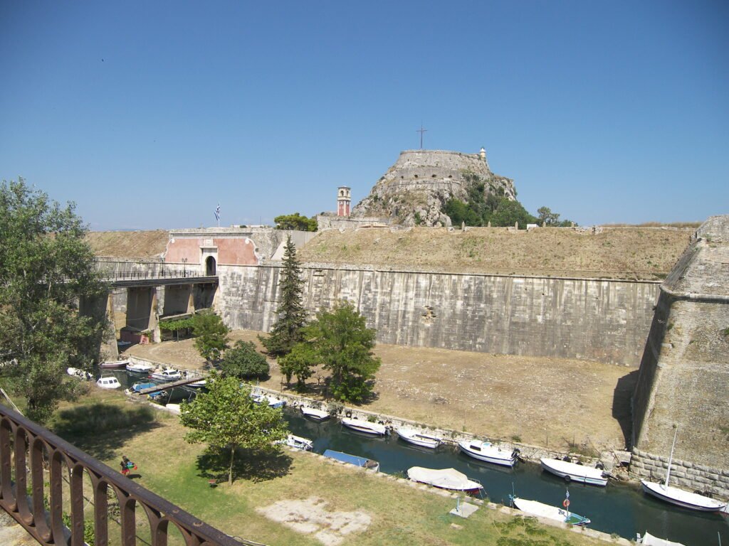 Bridge and moat at the pedestrian approach to Corfu Old Fortress