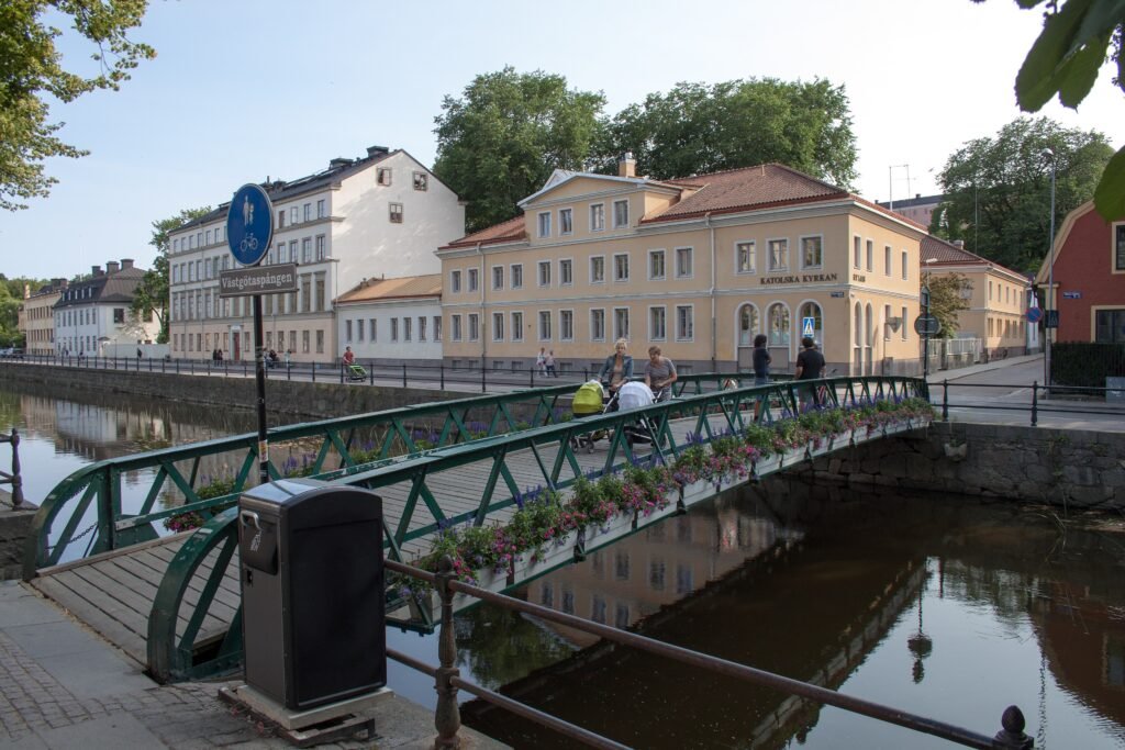 Pedestrian bridge crossing the Fyris River in central Uppsala
