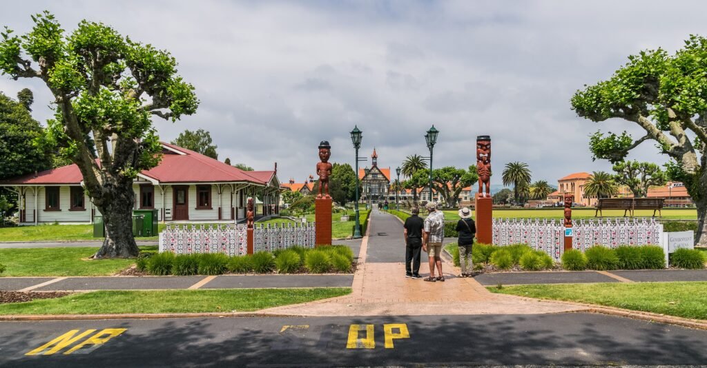 Pedestrian path through Government Gardens in Rotorua with the historic Bath House ahead