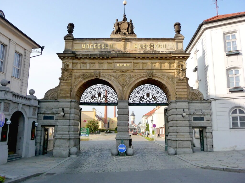 Jubilee Gate at the entrance to Pilsner Urquell Brewery in Plzeň