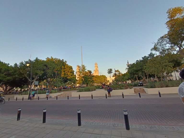 Plaza Grande in Mérida with trees, pedestrian space and cathedral towers beyond